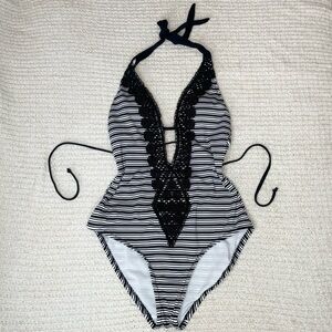 Coastal Goth Striped Nodysuit Swimsuit Brown Crochet Trim Indie Monokini S